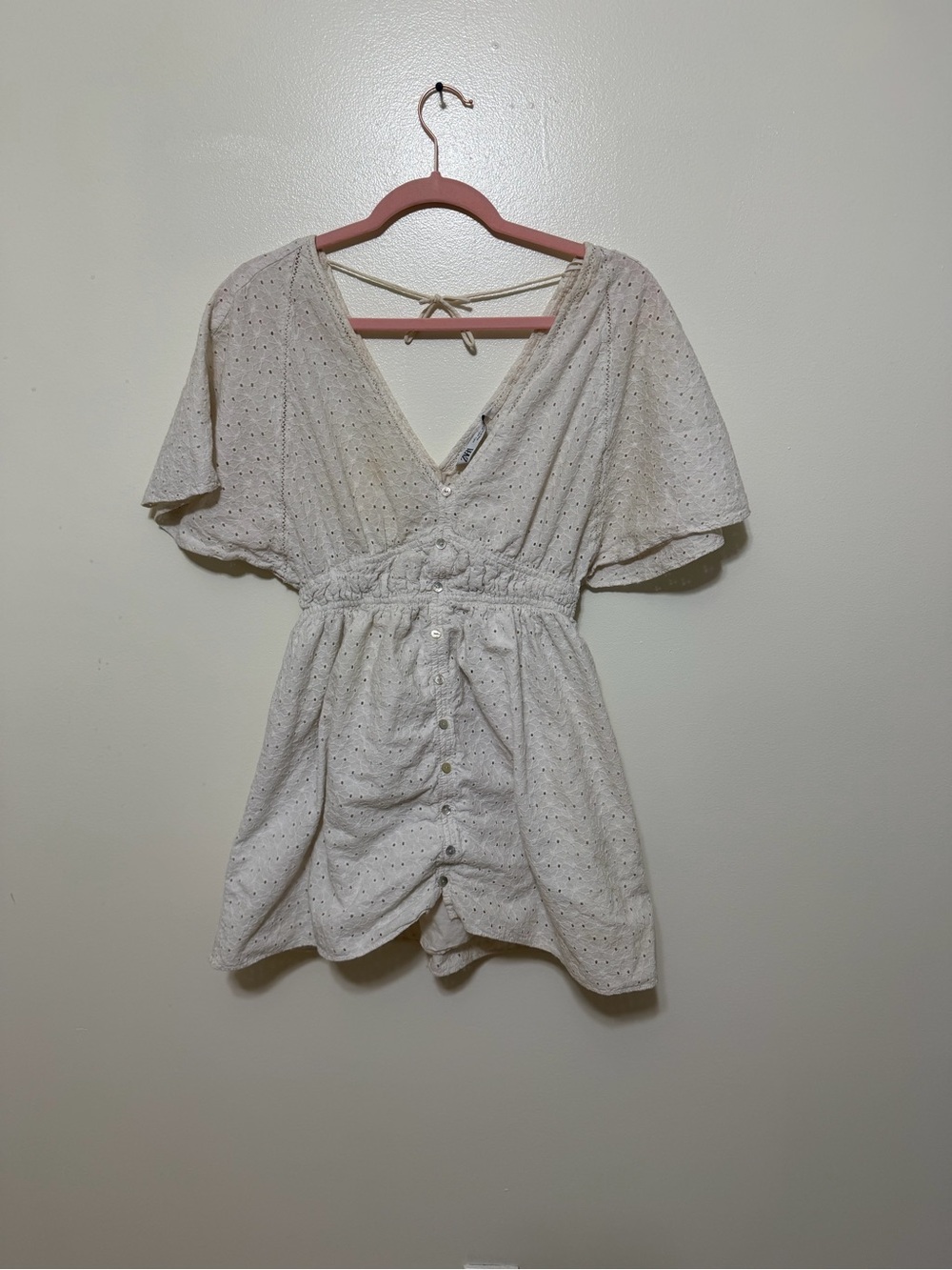 Zara Cream Eyelet Button-Front Mini Dress